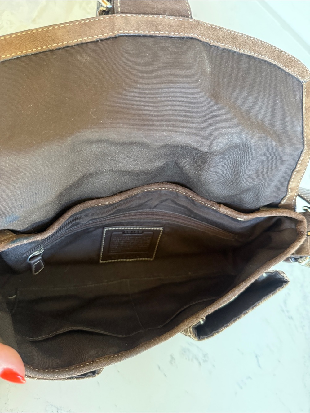 Vintage Coach Monogram Canvas With Brown Suede Soho Flap Signature Shoulder Bag - Picture 10 of 15